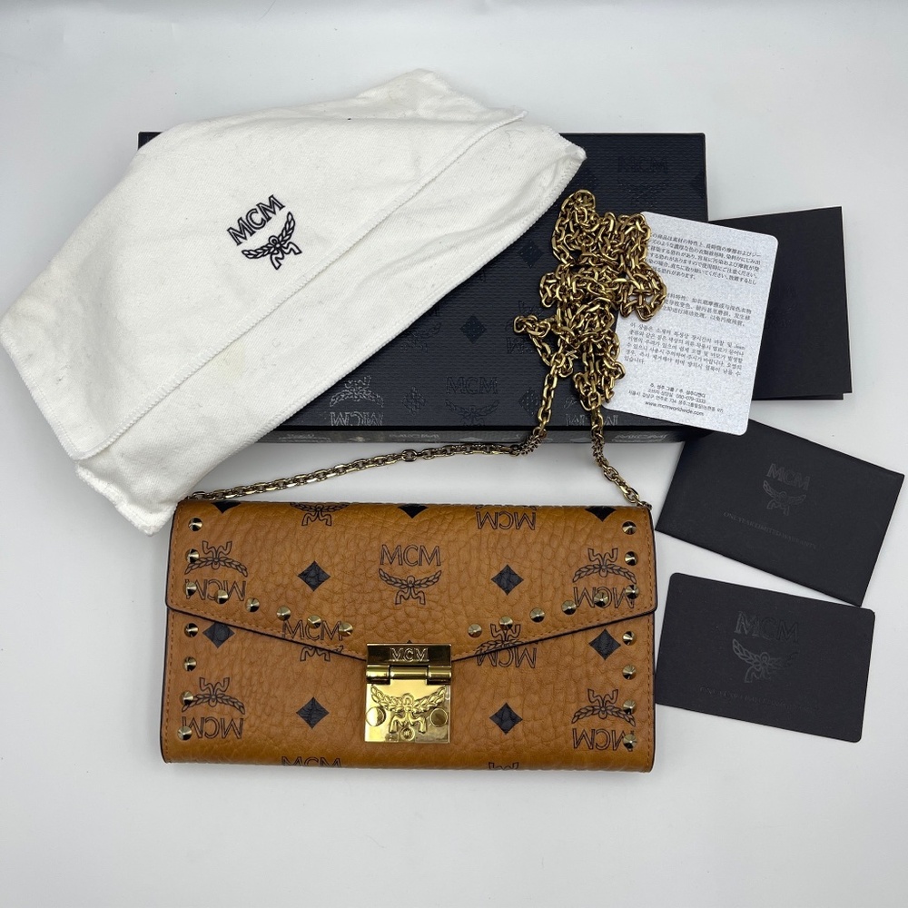 MCM Full set wallet on chain crossbody bag Millie leather Camel in leather logo